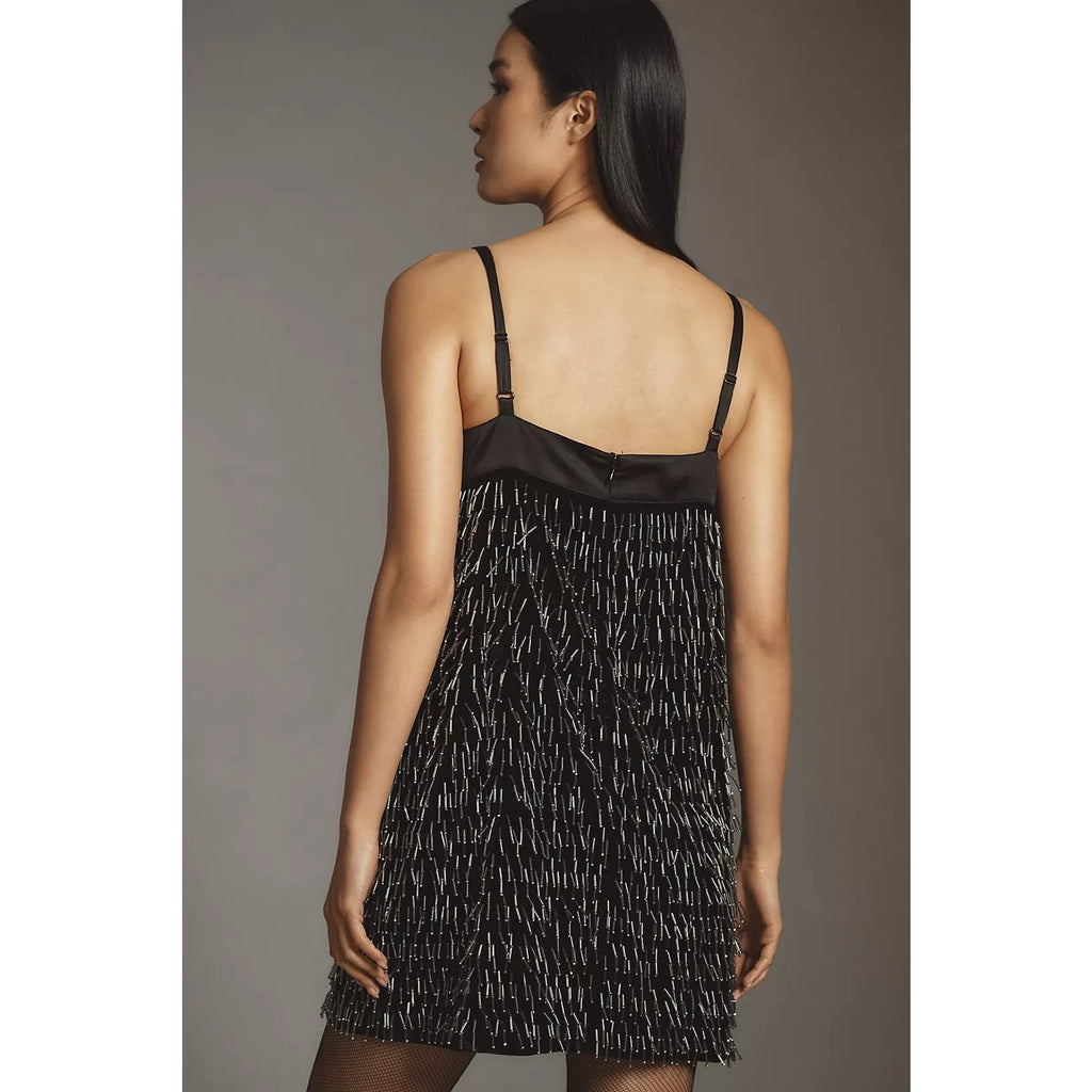 Anthropologie Sweetheart Fringe Shift Mini Dress $368 M Black BEADED Velvet