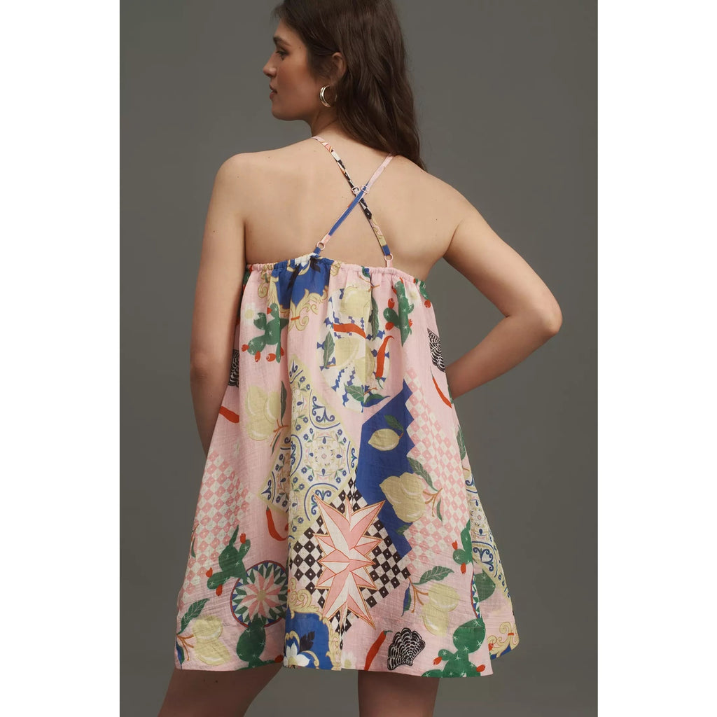 Anthropologie Maeve Printed Halter Swing Mini Dress X-SMALL Pink Anthropologie