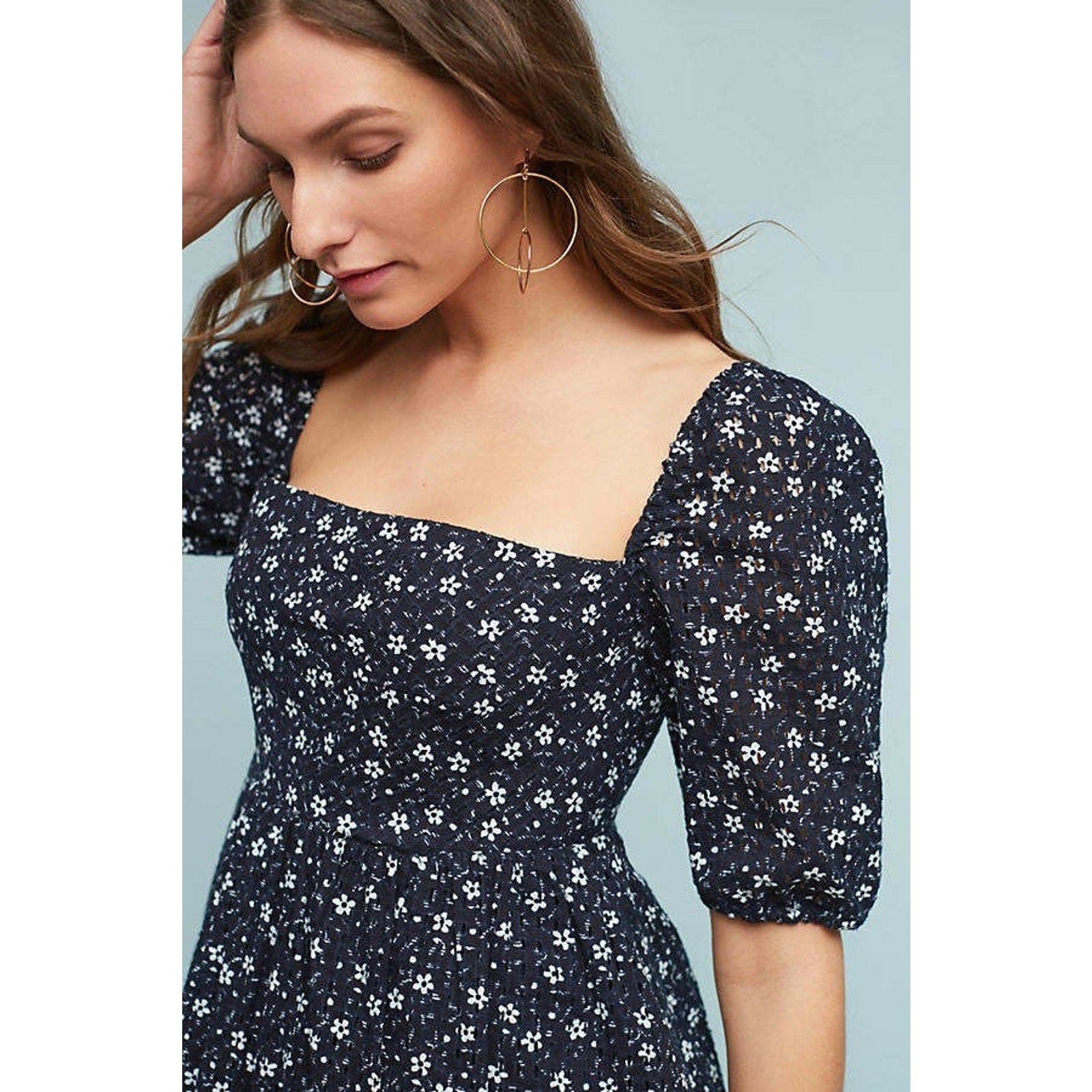 New $138 Anthropologie Lillianne Floral Mini Dress by Maeve SIZE 6 Navy Eyelet