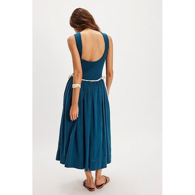 FREE PEOPLE Nightingale Seersucker Midi Dress SMALL Seaside Combo BLUE Free People
