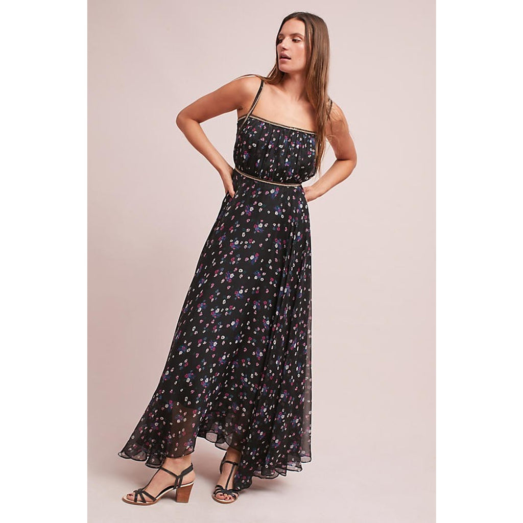 Anthropologie Pomona Floral Maxi Dress Black Beaded Detail $228 Sz 4