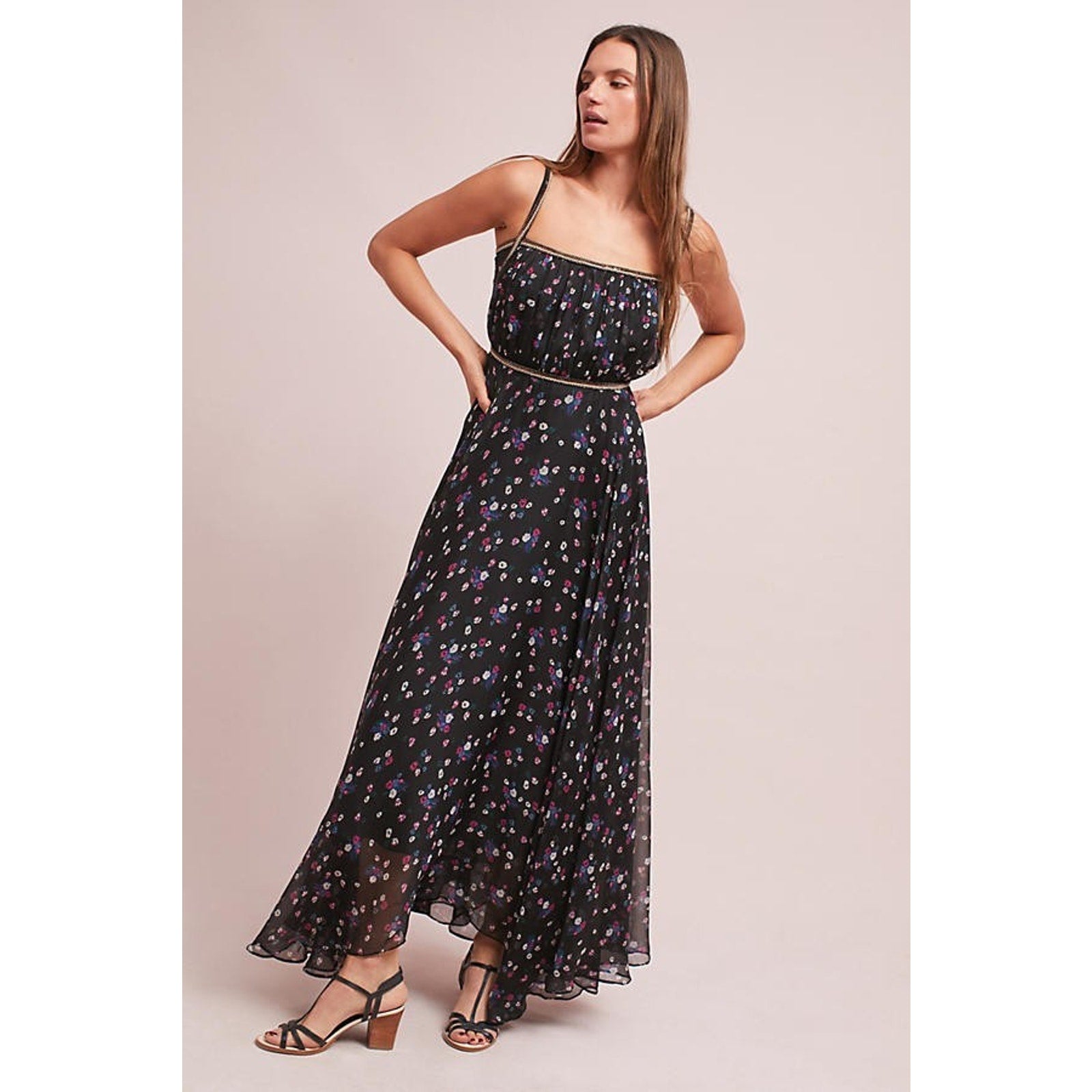 Anthropologie Pomona Floral Maxi Dress Black Beaded Detail $228 Sz 4