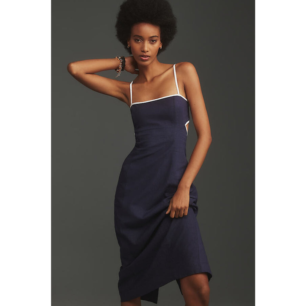 Anthropologie The Dafni Cutout Linen Midi Dress by Maeve $168 X-LARGE Navy