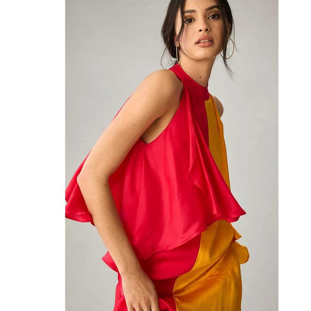 New Anthropologie x Pinnacle by Shruti Mock-Neck Colorblock Ruffle Dress $248 XS