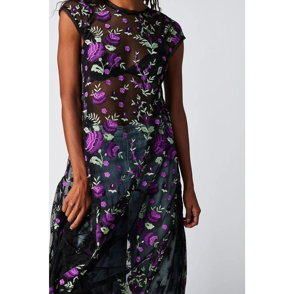 New Free People Sky Bright Floral Midi Dress $228 X-SMALL Black/Purple Sheer