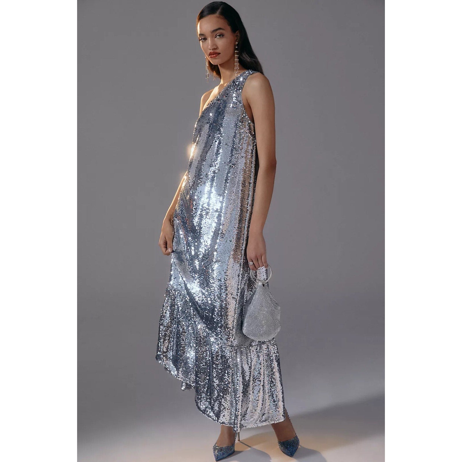 New Anthropologie Maeve One-Shoulder Sequin Cocktail Dress $230 XS Silver