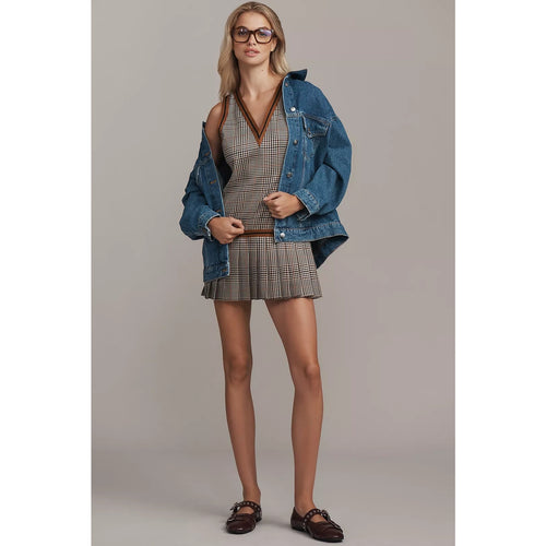 Pleated mini dress, houndstooth check with V-neck and dark trim