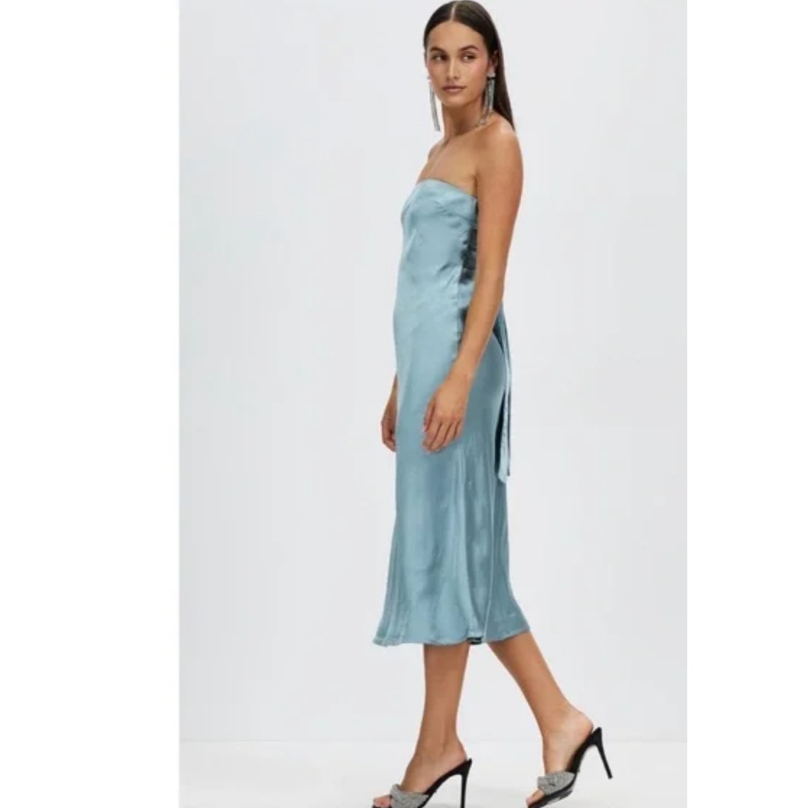 New FREE PEOPLE Third Form Satin Tie Back Strapless Dress $280 SIZE 10 Blue Midi