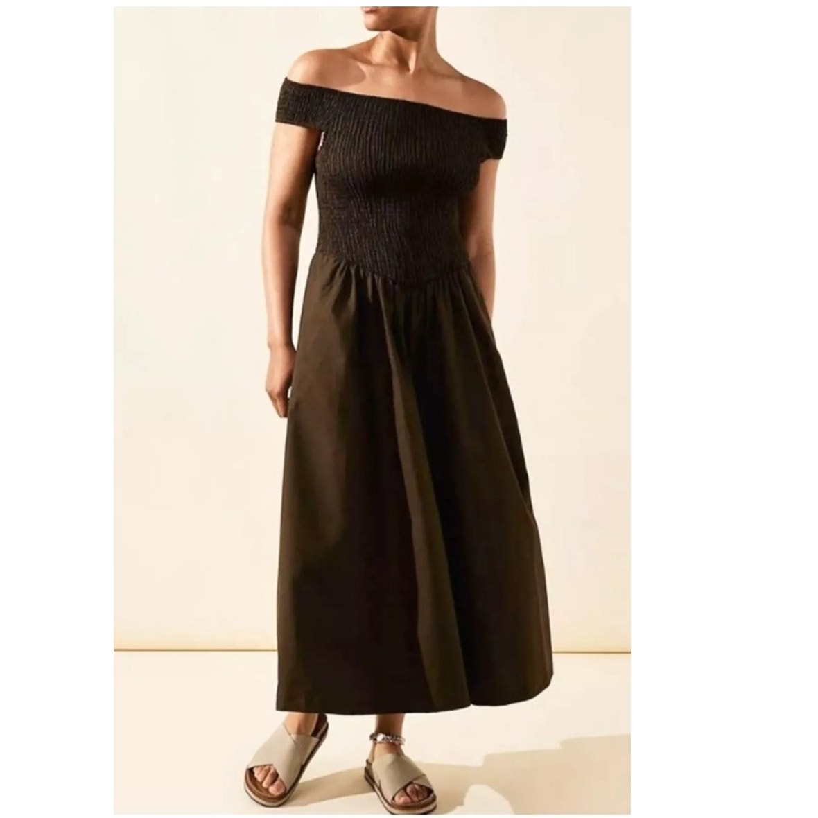New Free People Ceci Smocked OTS Midi Dress Free-est  $98 SMALL Deep Brown