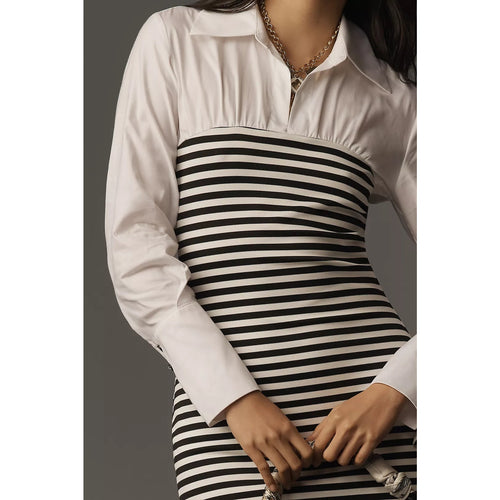 Twofer mini dress front detail: white buttoned collar over black-and-white stripes