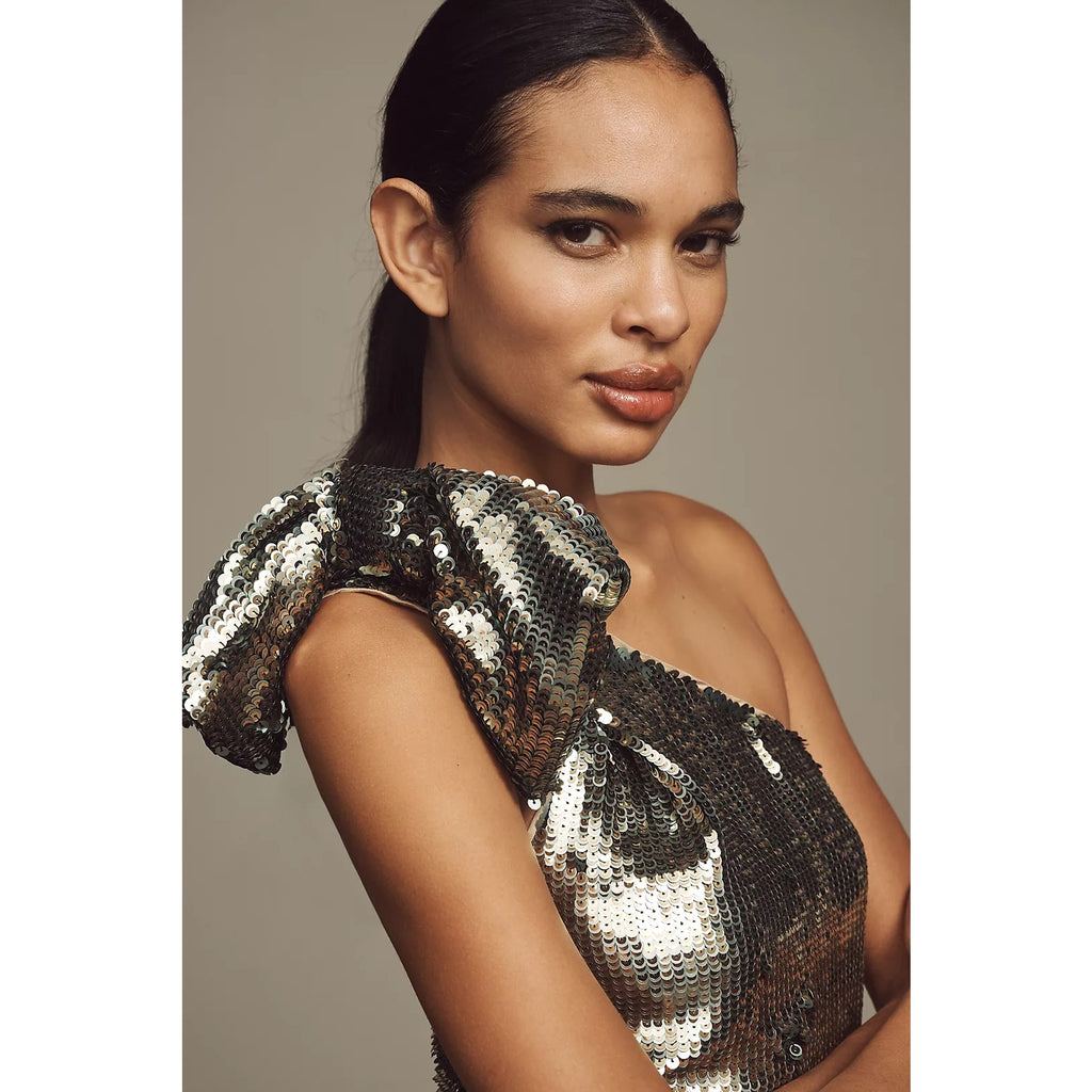 New ANTHROPOLOGIE Maeve One-Shoulder Sequin Mini Dress $228 SIZE 6 Gold PARTY