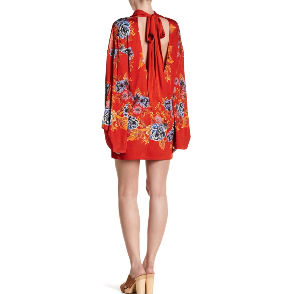New Free People 2 AM Mini Dress Mock Neck  $168 SMALL Red  Floral Open-Back