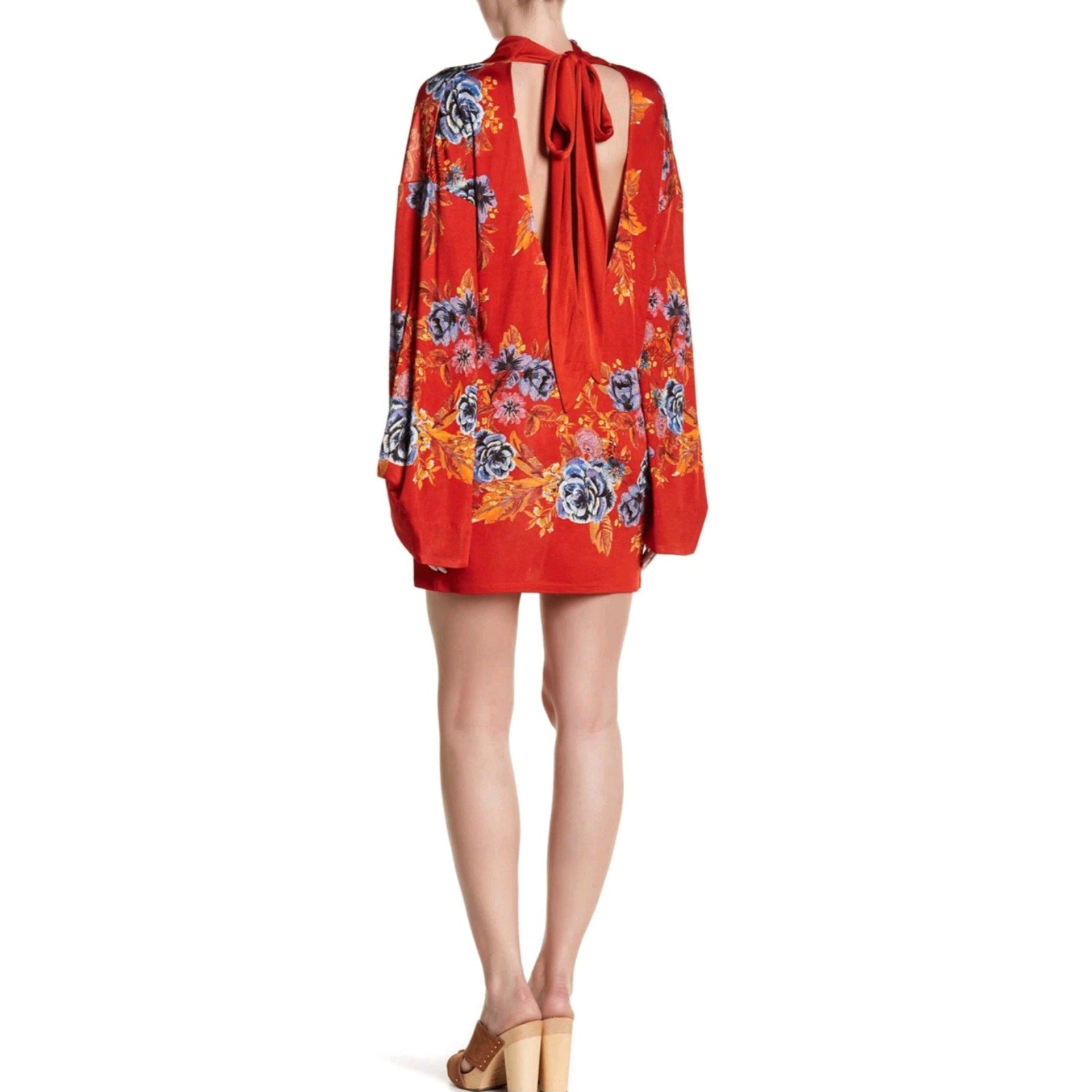 New Free People 2 AM Mini Dress Mock Neck  $168 SMALL Red  Floral Open-Back