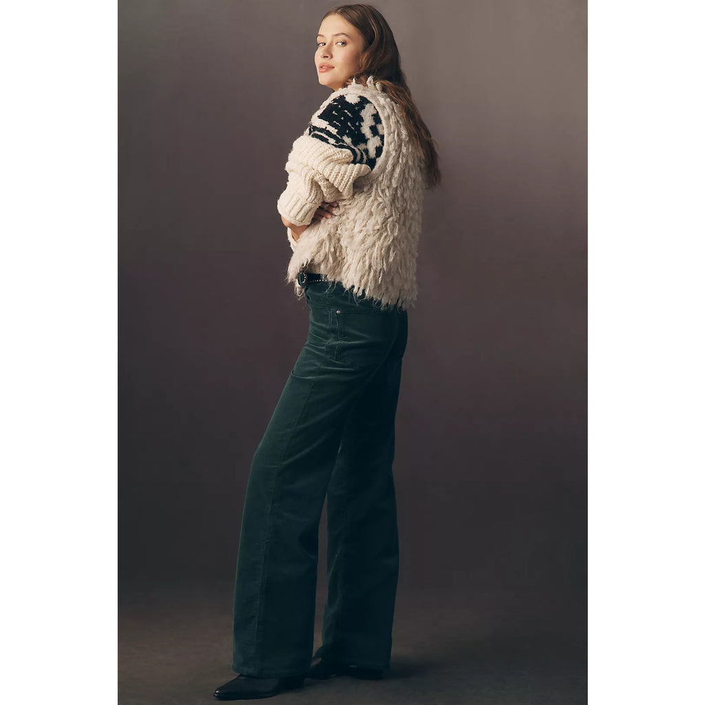 Green high-rise wide-leg jeans, side view with front seam