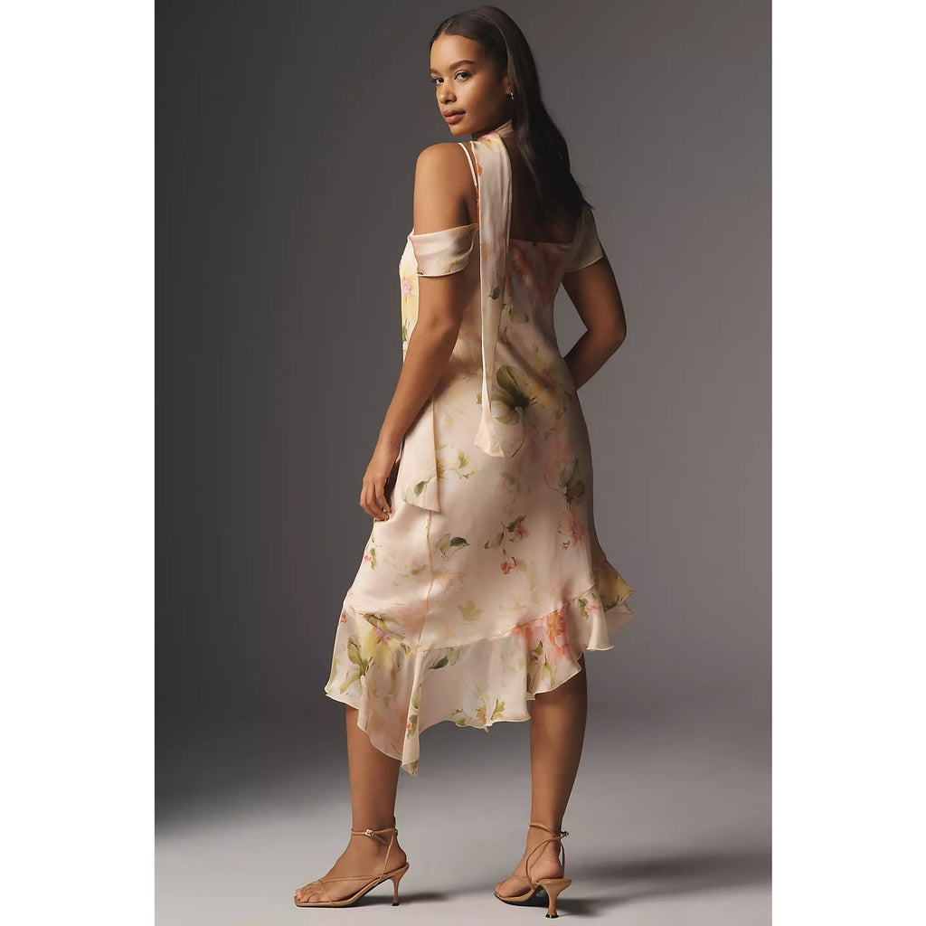 Anthropologie Asymmetric Scarf Slip Dress PLUS 1X Neutral Floral Motif Anthropologie