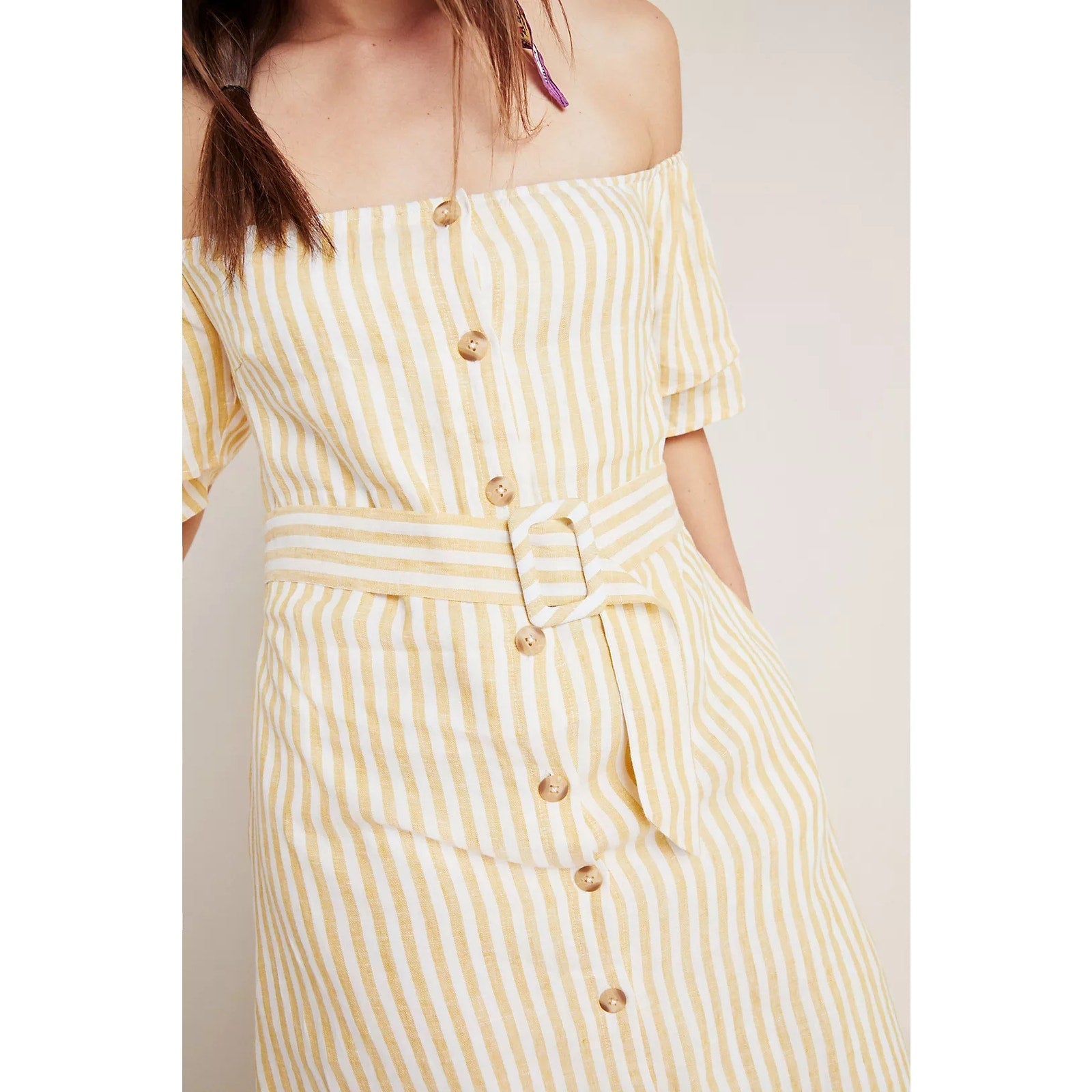 Anthropologie Linen Off-The-Shoulder Dress SMOCKED MEDIUM Yellow Stripe Anthropologie