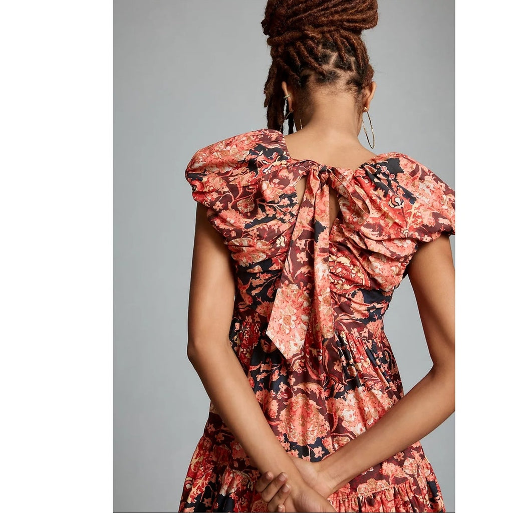 New By Anthropologie Printed V-Neck Babydoll Dress $170 SIZE 6 Red Floral