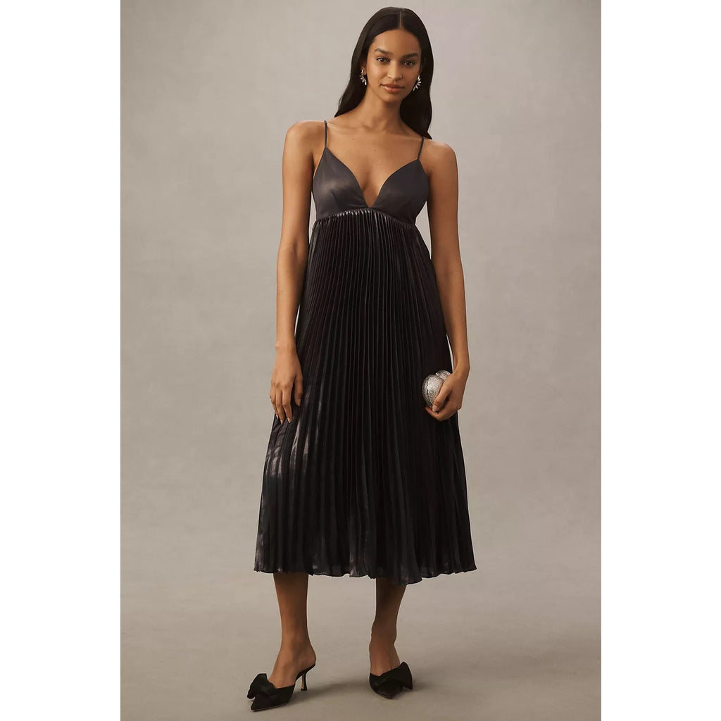 Anthropologie BHLDN Alessia Sleeveless VNeck Pleated Crepe Midi Dress $248 S Anthropologie