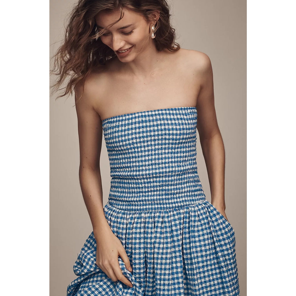 Anthropologie Maeve Strapless Smocked Midi Dress PLUS 1X Blue Gingham Anthropologie