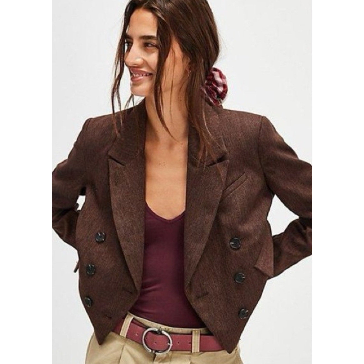 Free People Betty Double-Breasted Blazer LARGE Brown Vintage Style Free People