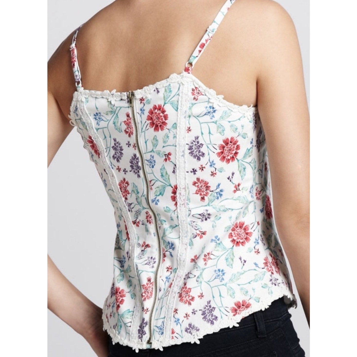 New Free People Miss Lizzy Floral Corset Top $98 SIZE 2 White Zip Lace Detail