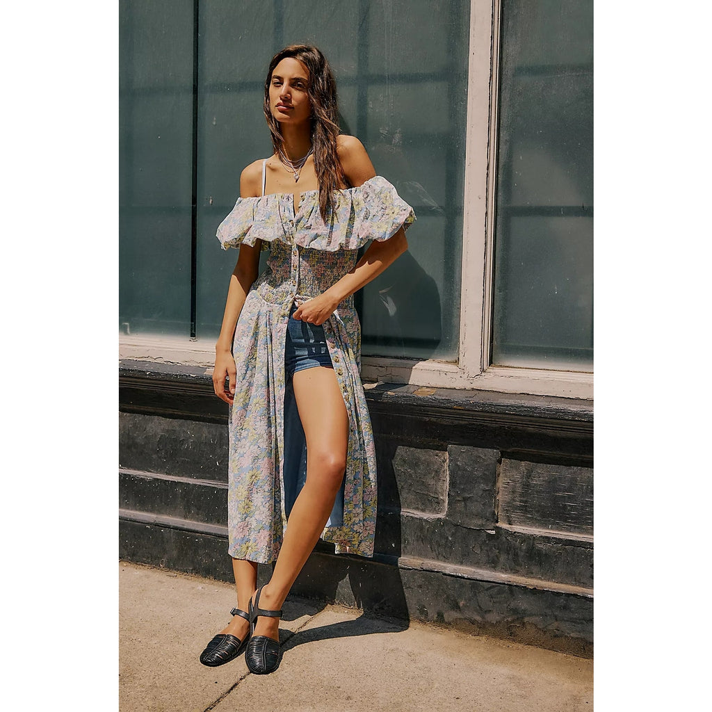 FREE PEOPLE Lewis Maxi Dress SMALL Blue Pastel Combo SMOCKED Free People