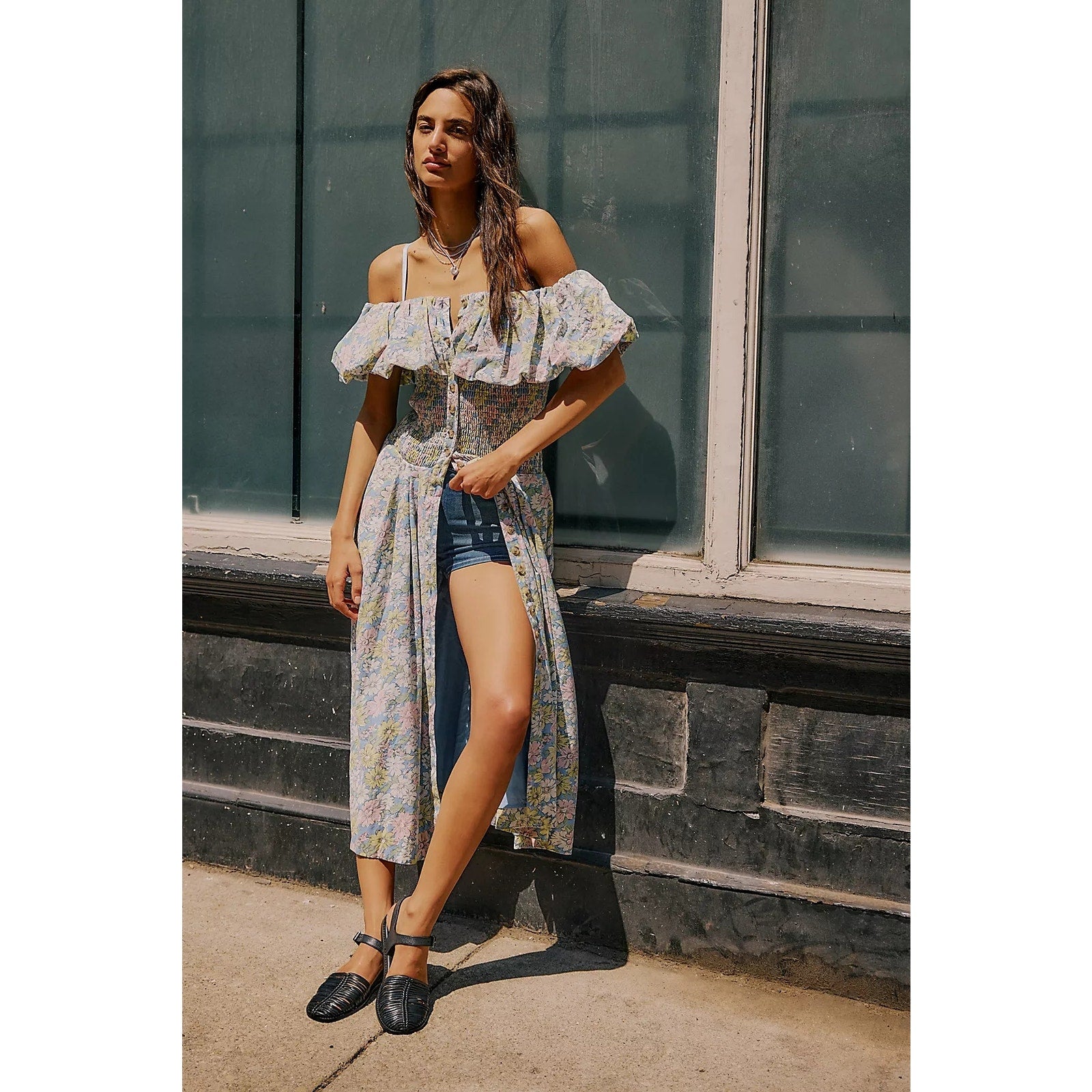 FREE PEOPLE Lewis Maxi Dress SMALL Blue Pastel Combo SMOCKED Free People