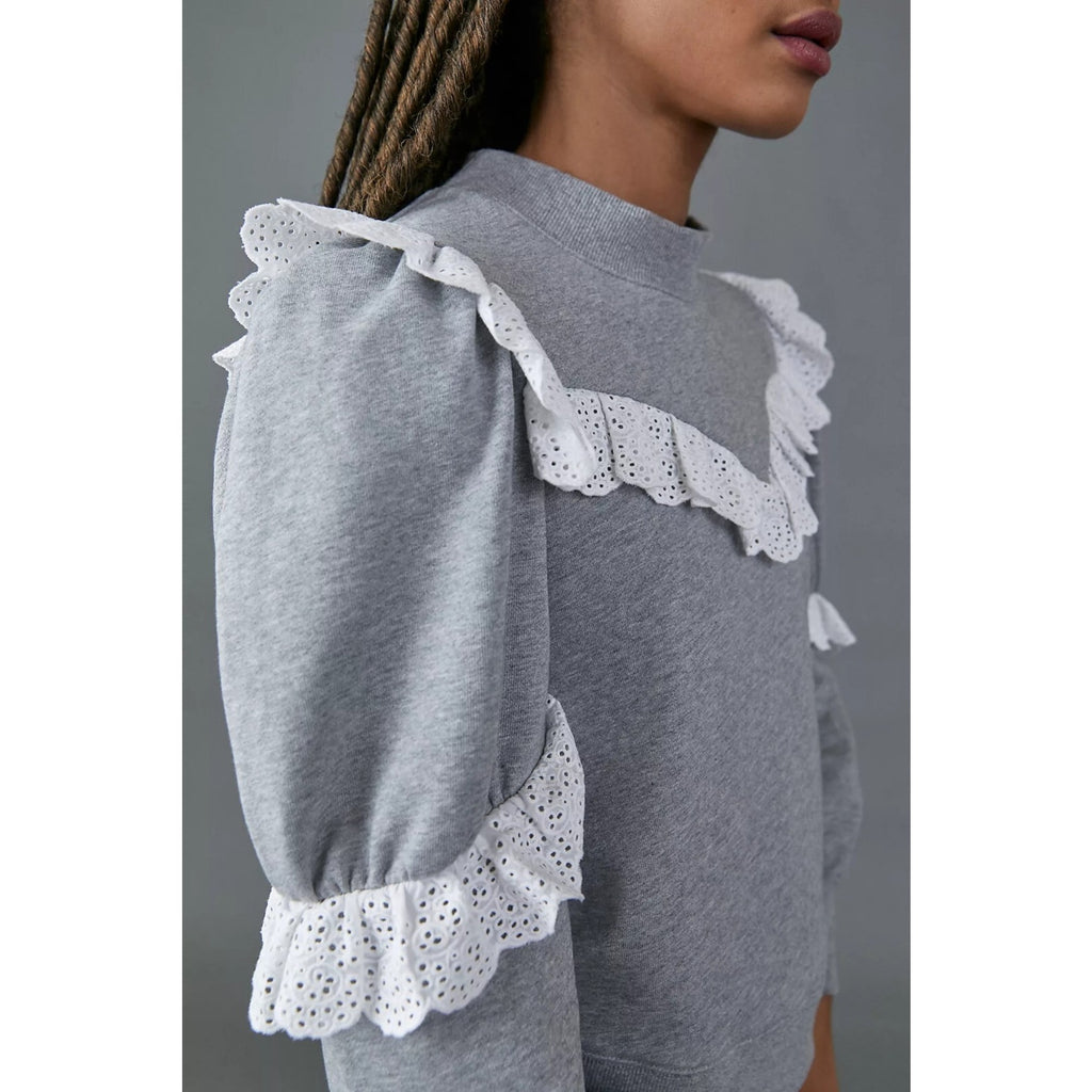 New Anthropologie Corsica Ruffled Eyelet Sweatshirt Othilia Size Small