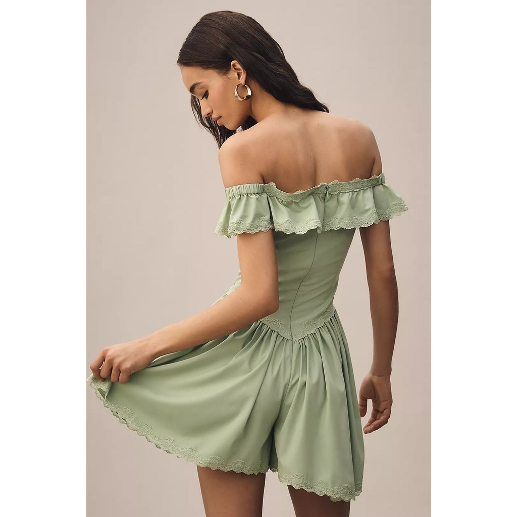 Anthropologie Mare Mare Off-The-Shoulder Ruffle Romper X-LARGE Green Anthropologie