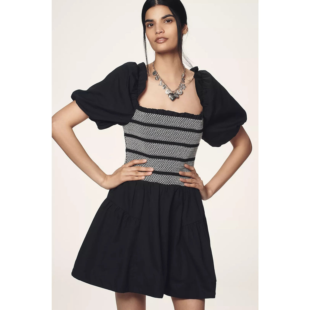 By Anthropologie Puff-Sleeve Square-Neck Smocked Mini Dress SMALL Black Anthropologie