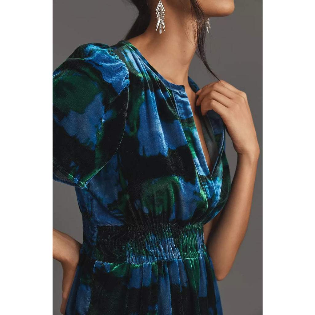 Anthropologie Maeve Somerset Velvet Mini Dress $148 X-SMALL Blue Motif