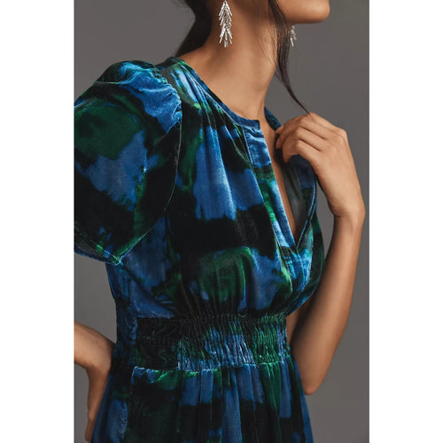 Velvet mini dress bodice with V-neck and gathered waist, blue-green abstract motif.