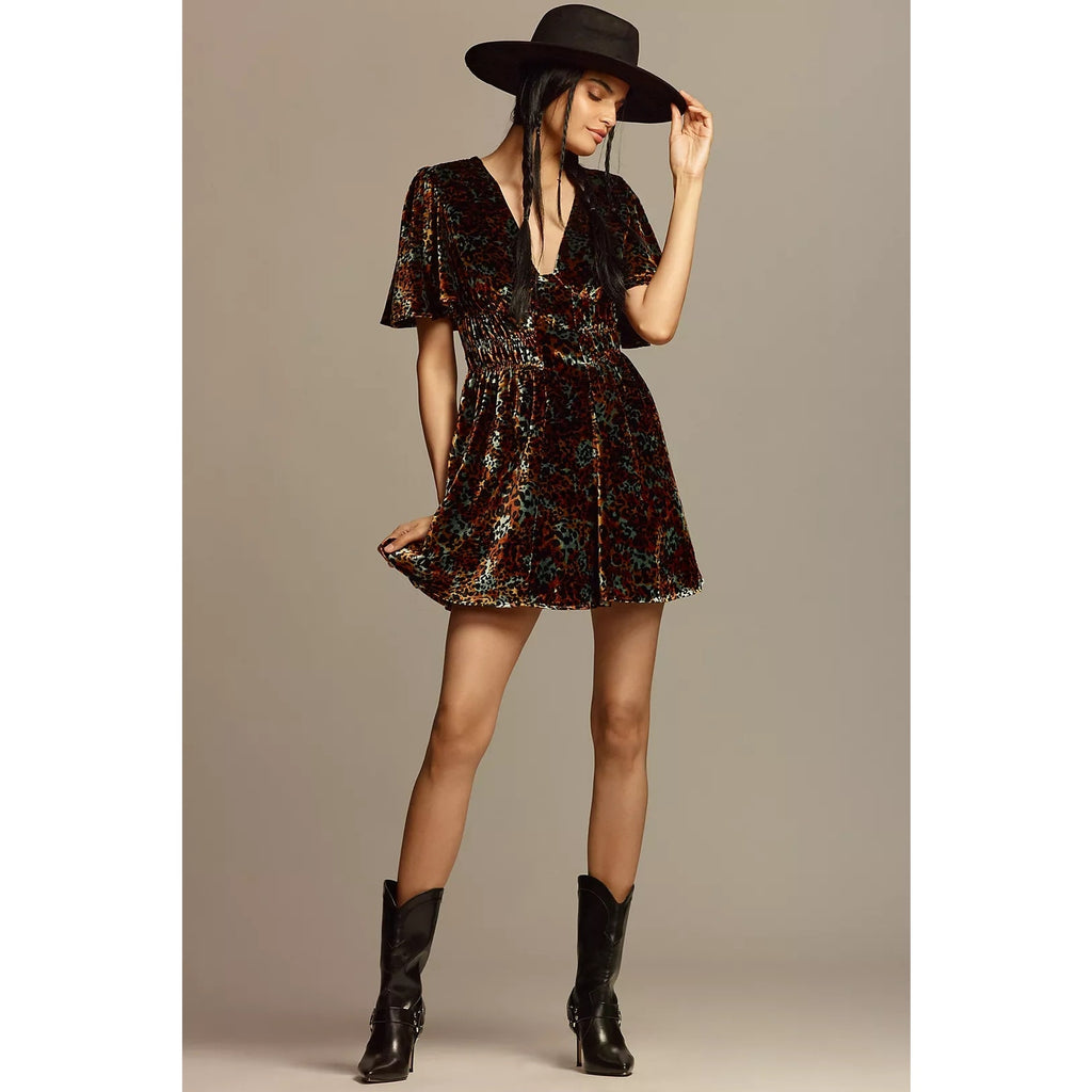 New By Anthropologie Short-Sleeve Velvet Mini Dress $188 SMALL Brown