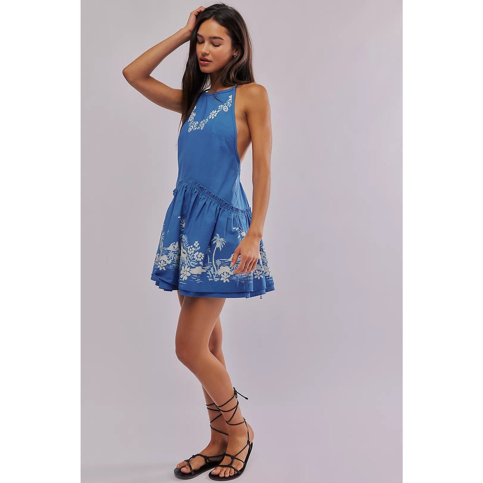 FREE PEOPLE Deserted Island Mini Dress MEDIUM Blue Indigo Combo Free People