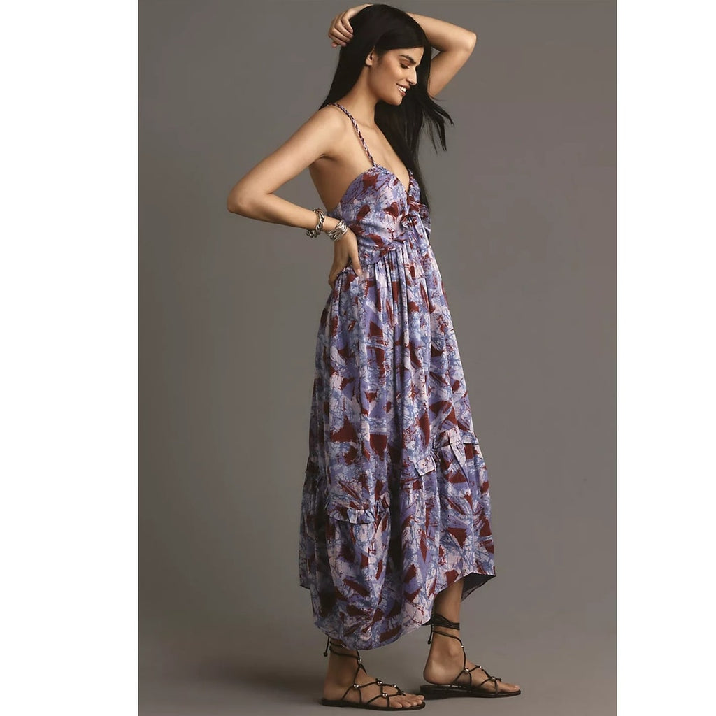 New By Anthropologie Sleeveless V-Neck A-Line Midi Dress $228 LARGE Blue Motif