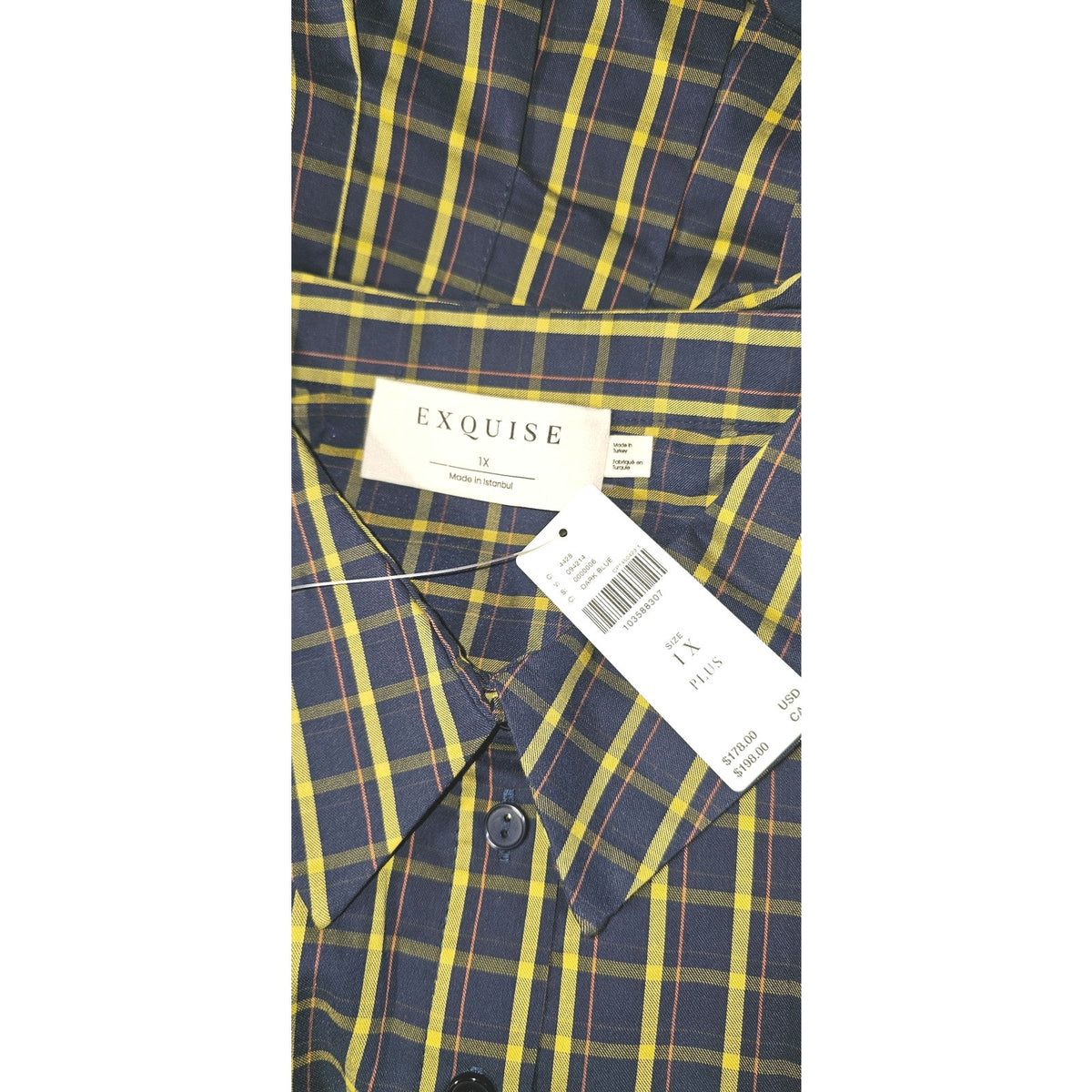 Blue plaid shirt dress with Exquise label, button front, and collar