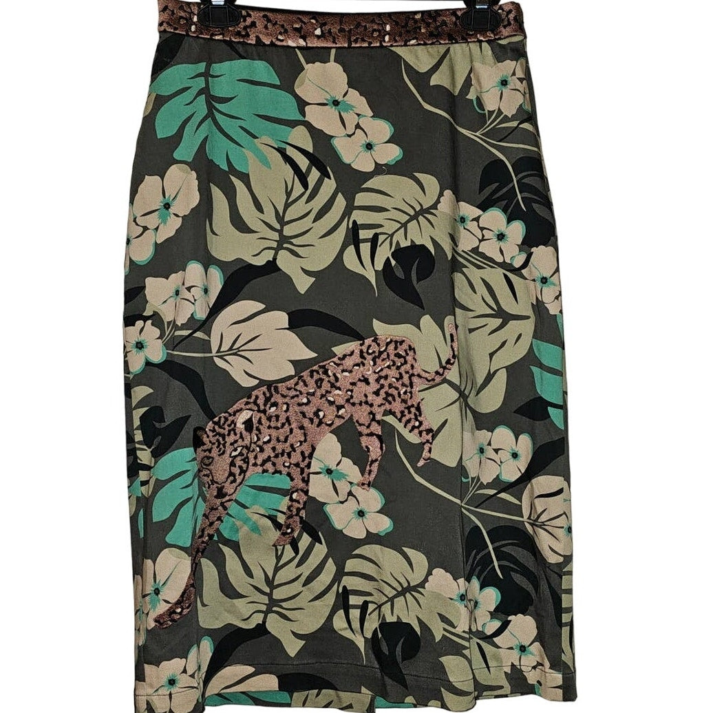 New Eva Franco Embroidered Leopard Tropical Print Midi Skirt Sz 8