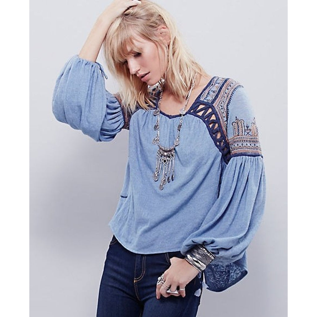 New Free People Snow Kisses Embroidered Long Sleeve Blouse $128 Small Black Boho