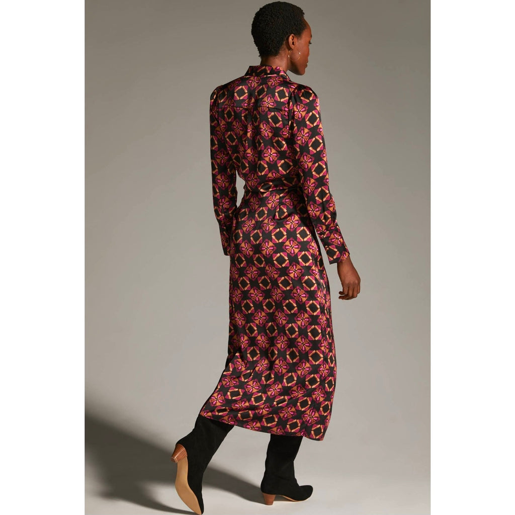 New Anthropologie x MISA Long-Sleeve Wrap Dress $435 XS Black & Pink Motif Geo