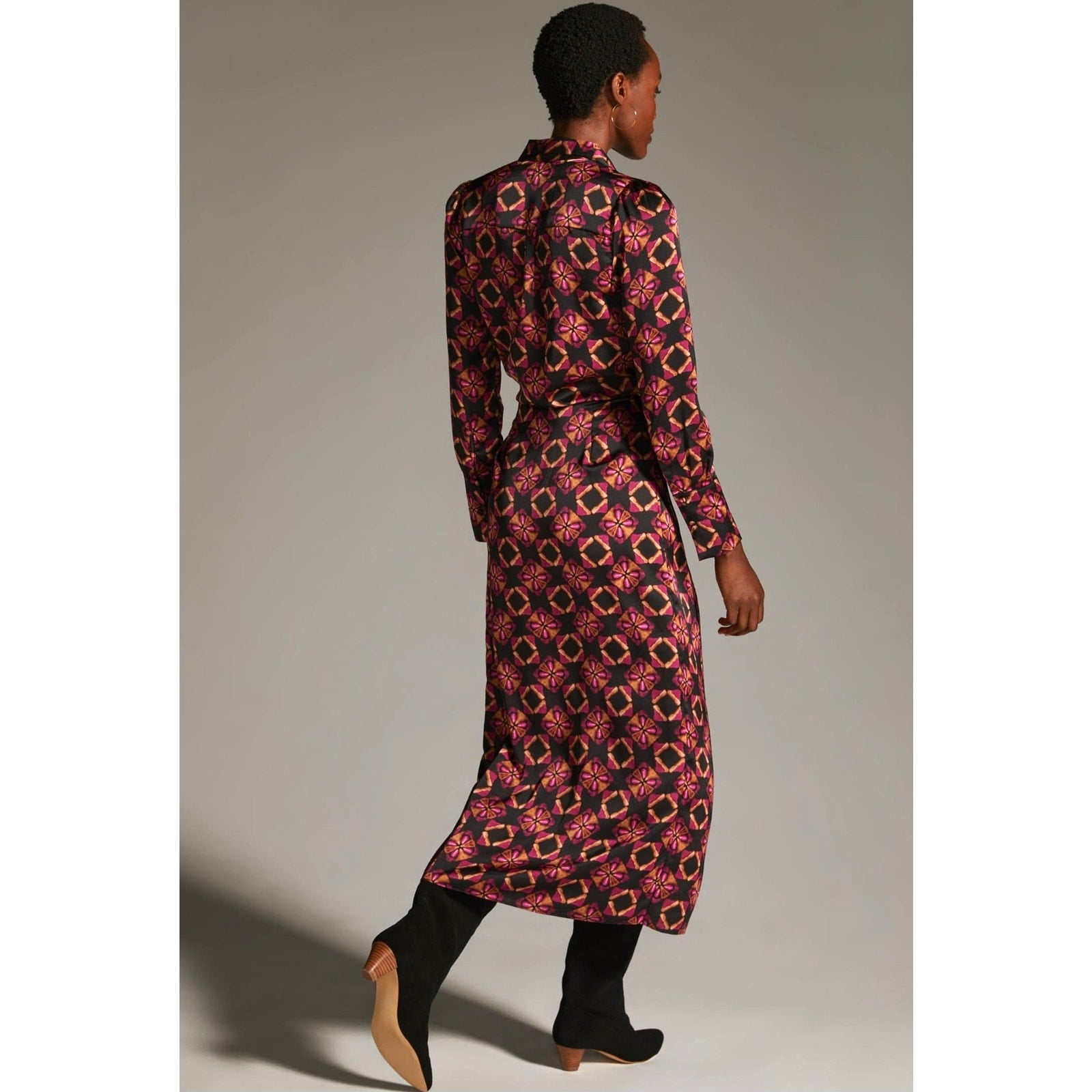 New Anthropologie x MISA Long-Sleeve Wrap Dress $435 XS Black & Pink Motif Geo