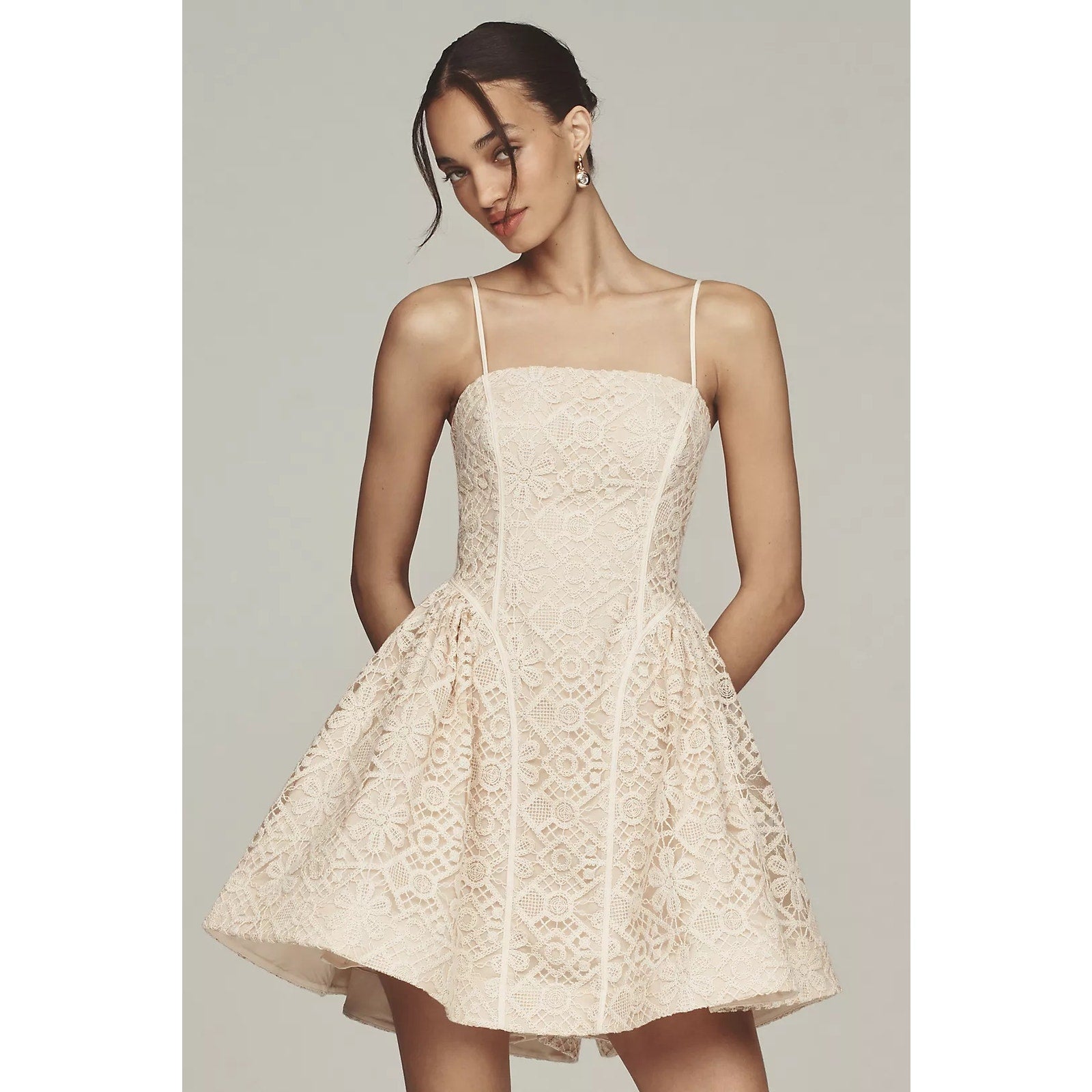 Anthropologie Lace Basque-Waist Mini Dress SZ 14P Tan Anthropologie