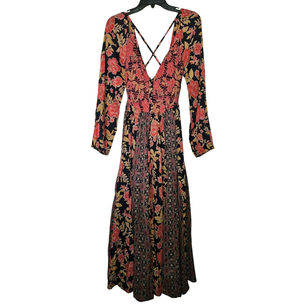 New Free People A New Way Floral Maxi Dress $168 X-SMALL Navy Combo Smocked