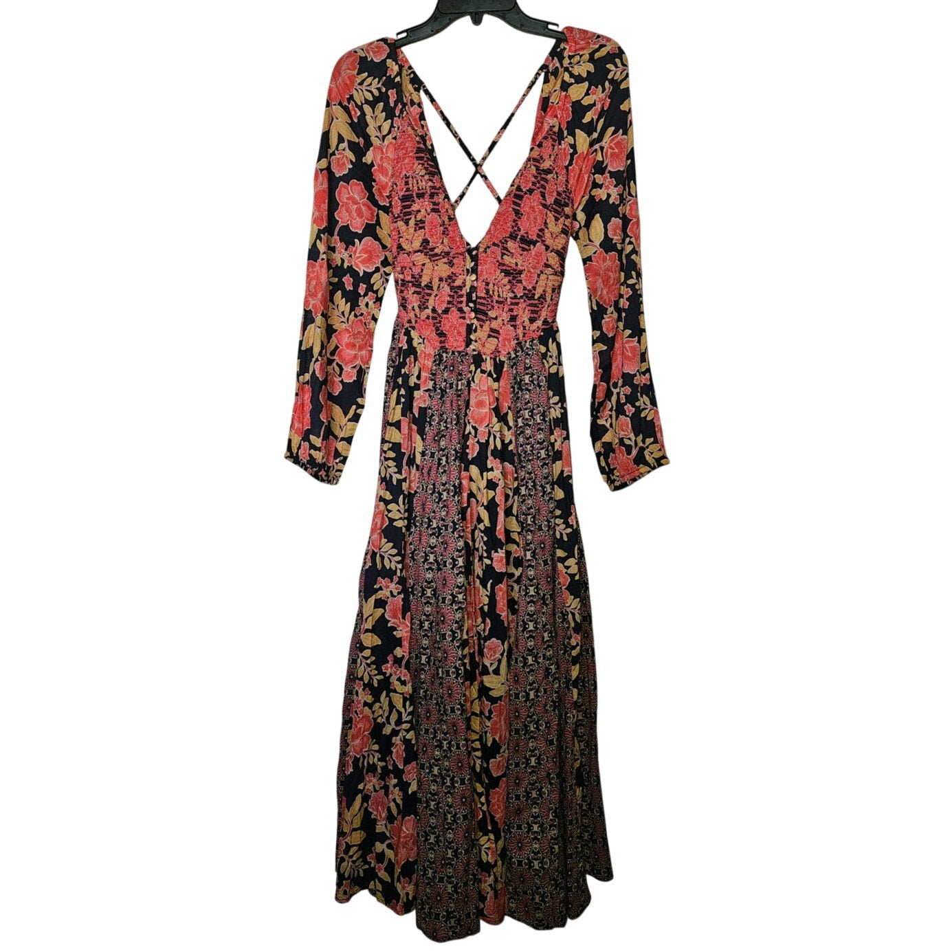 New Free People A New Way Floral Maxi Dress $168 X-SMALL Navy Combo Smocked