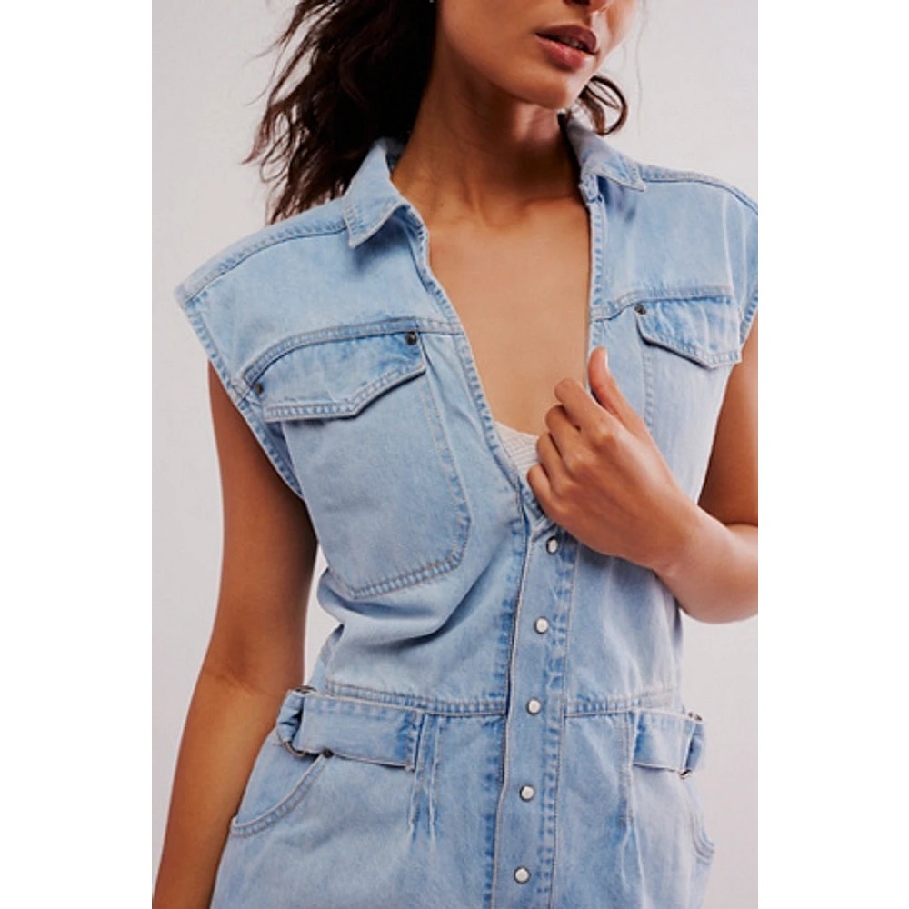 New FREE PEOPLE Rowley Denim Mini Dress $168 LARGE Sunbleached Blue