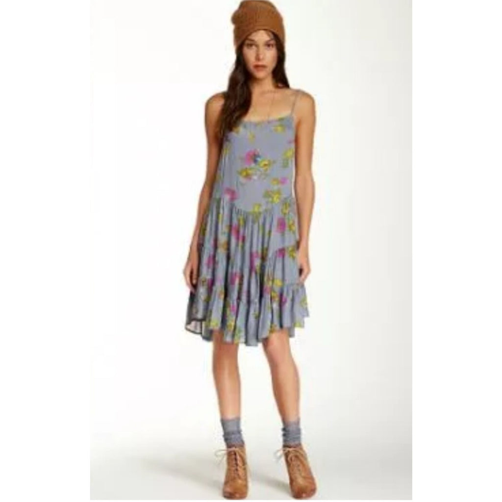 New Free People Gray Circle of Flowers Lace Up Floral Boho Mini Slip Dress XS
