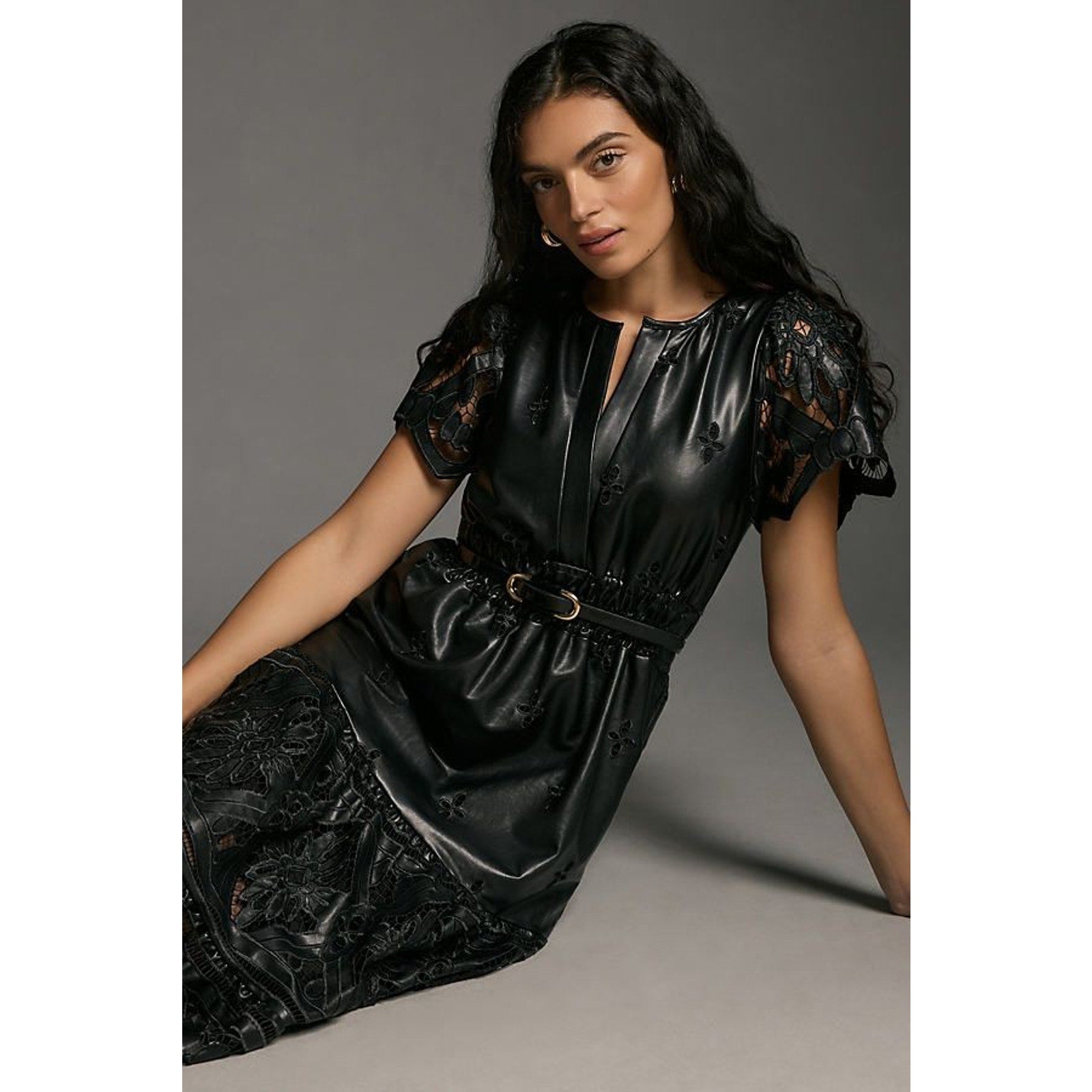 Anthropologie The Somerset Maxi Dress: Faux Leather Embroidered BLACK XS