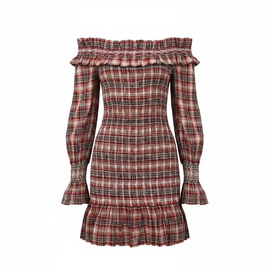 Anthropologie Pilcro Smocked Plaid Mini Dress $168 LARGE Red Long-Sleeve