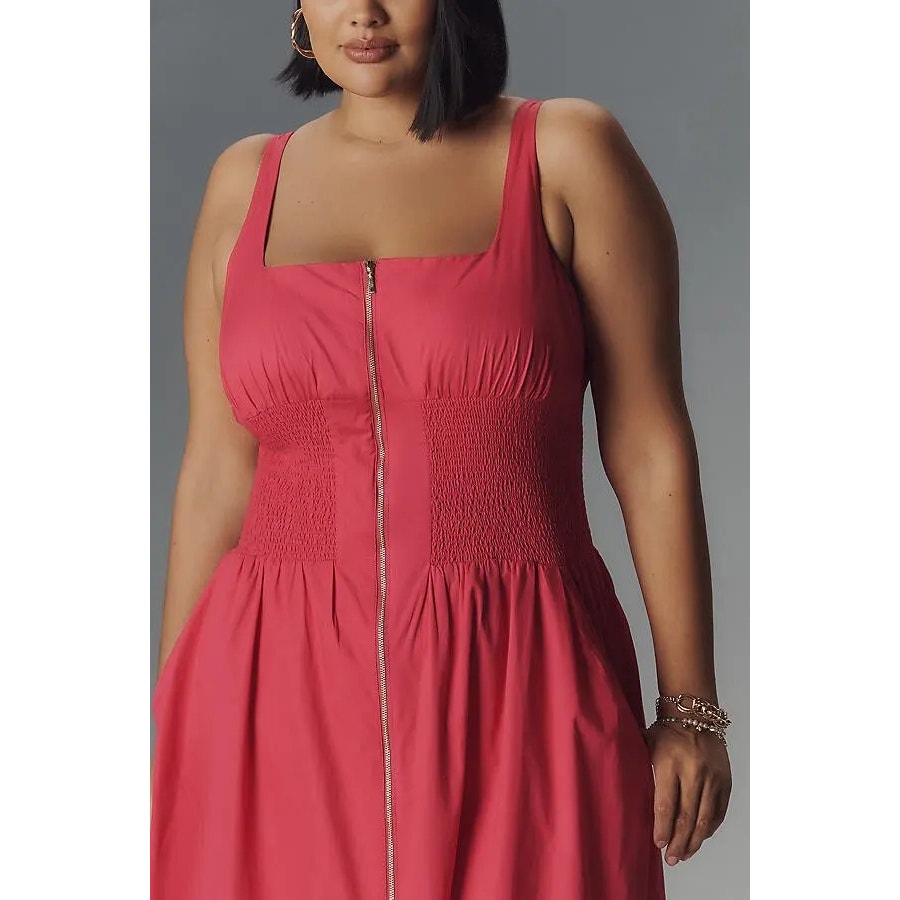 Tommie sleeveless smocked bodice front-zip dress in coral-red