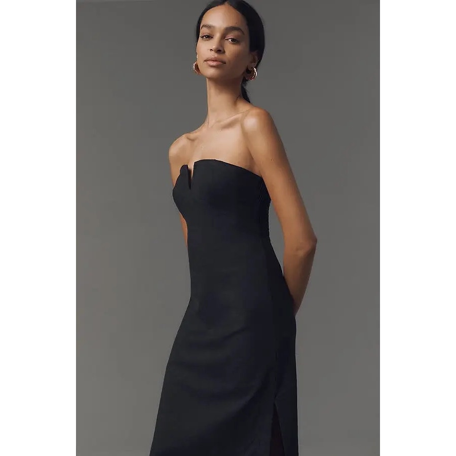 Anthropologie Strapless Linen Plunge-Neck Midi Dress Size 16 Black Anthropologie