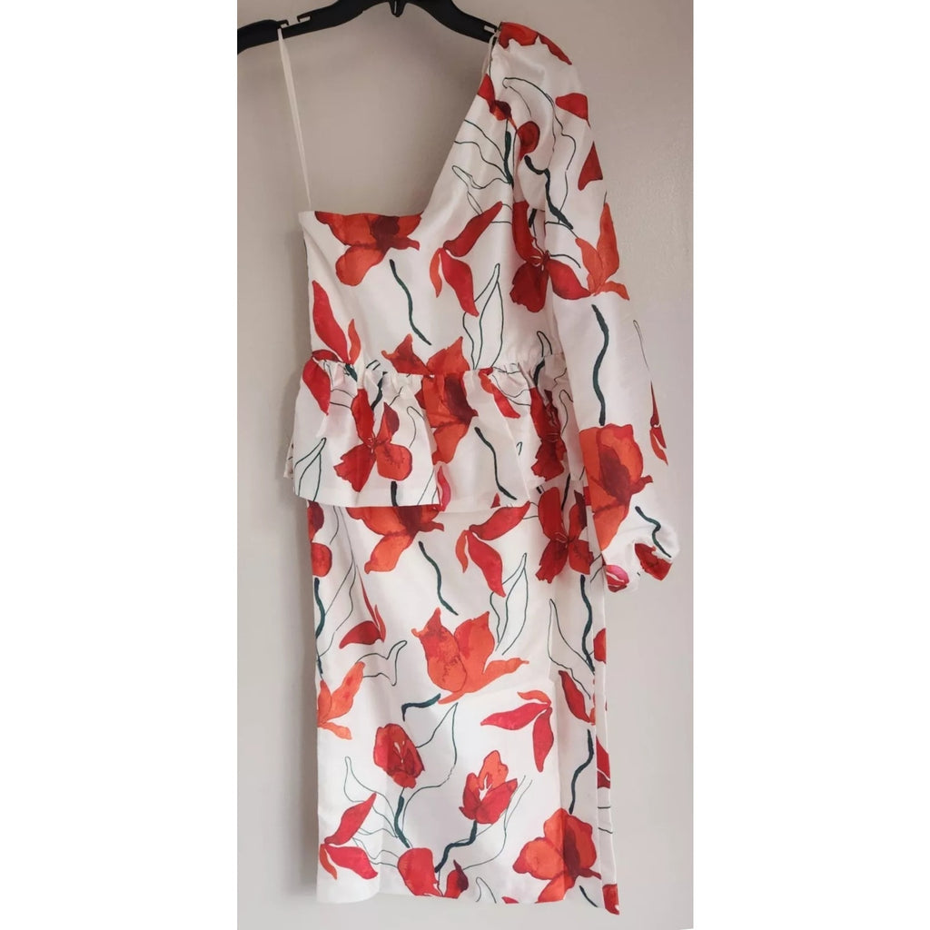 New ANTHROPOLOGIE Hutch One-Shoulder Peplum Dress $198 SIZE 6 Red Floral